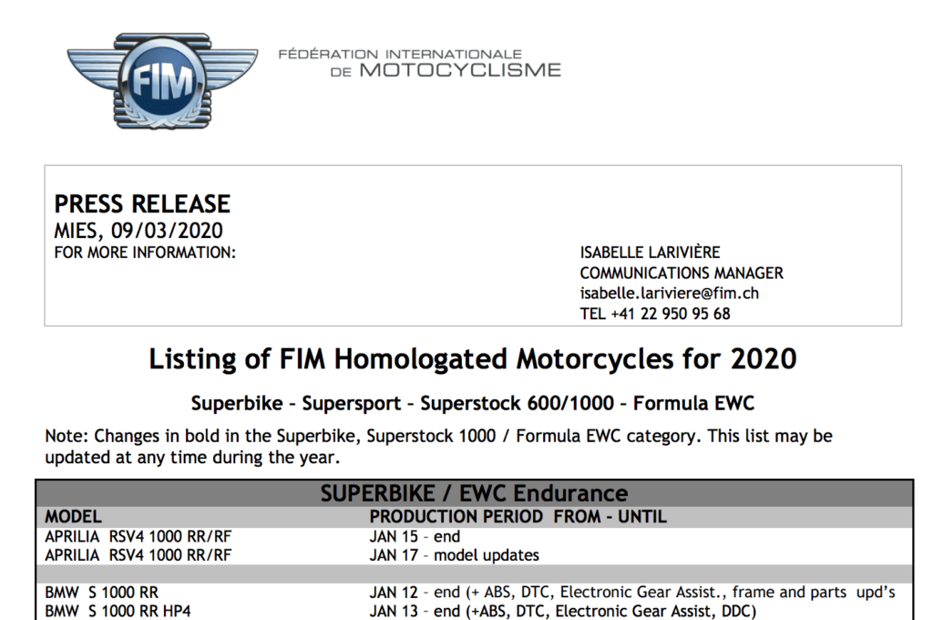 FIM　2020年の各選手権のホモロゲーション取得車両リストを公開