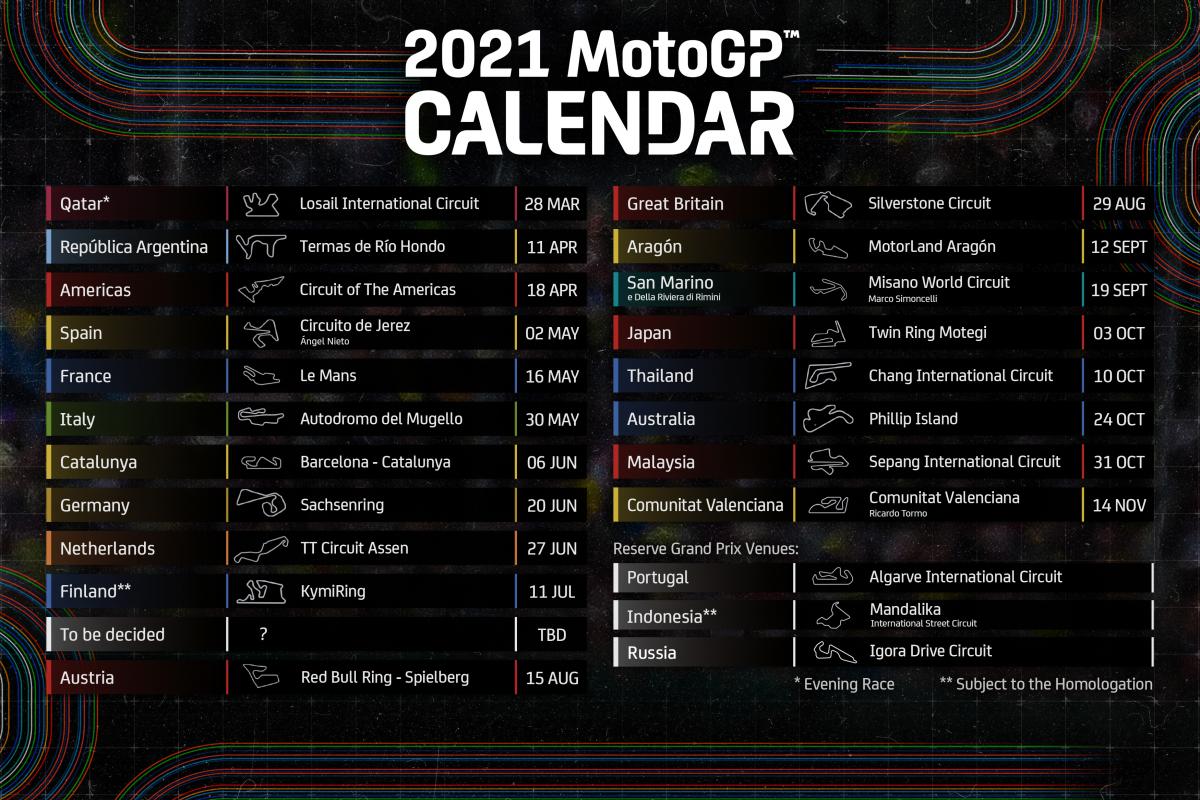 ドルナ・スポーツ　全20戦のMotoGP2021年カレンダーを発表